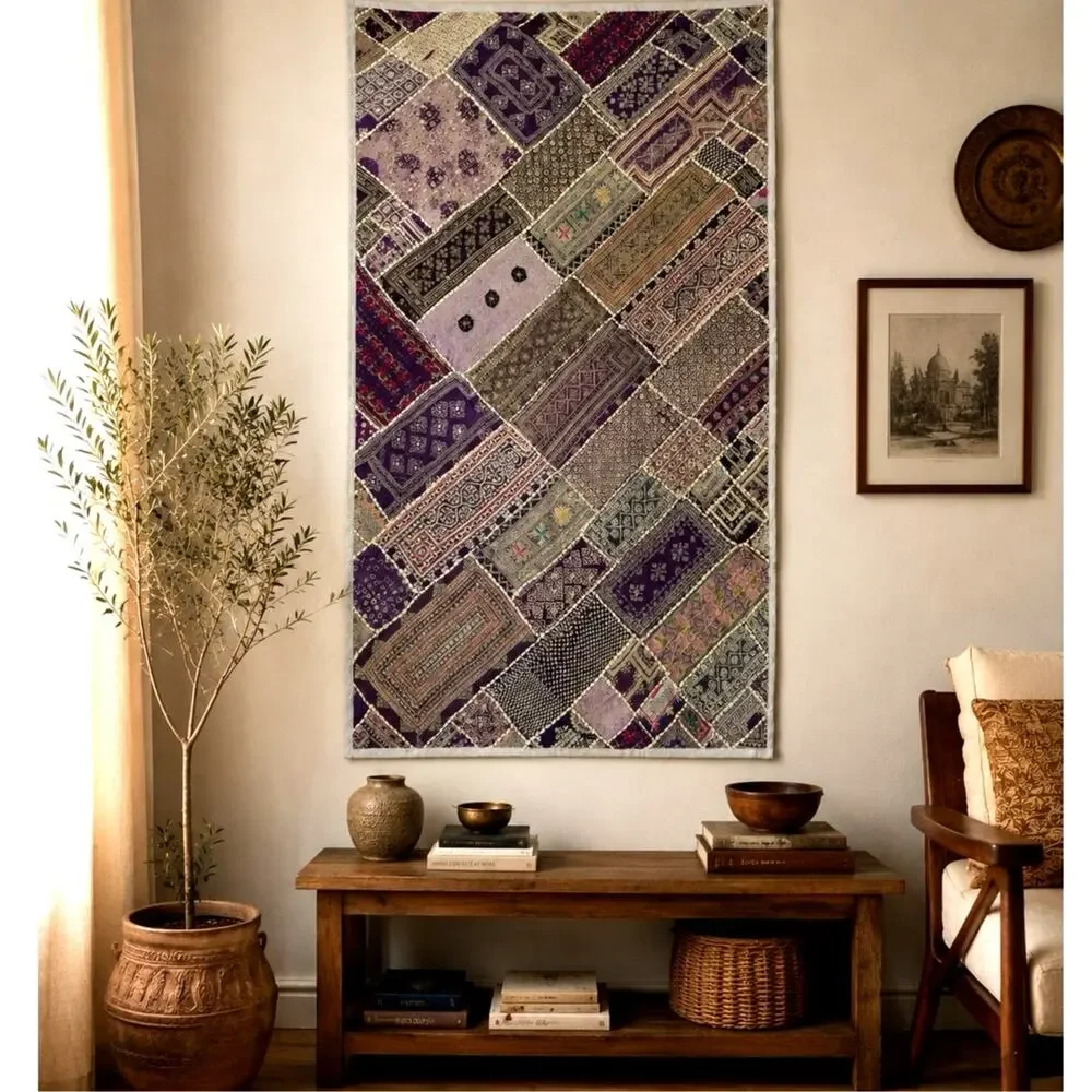 VTG Handmade Indian Patchwork Wall Hanging Rug Mirror Work Embroidered Textile